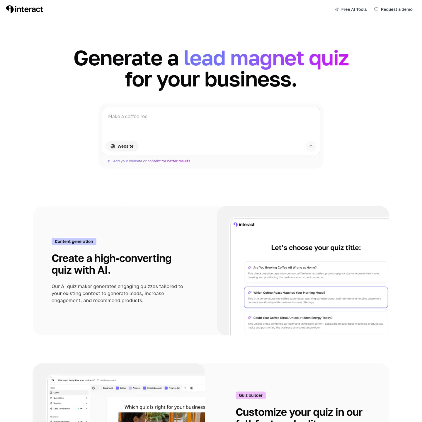 Interact AI quiz generator's public website and content input page