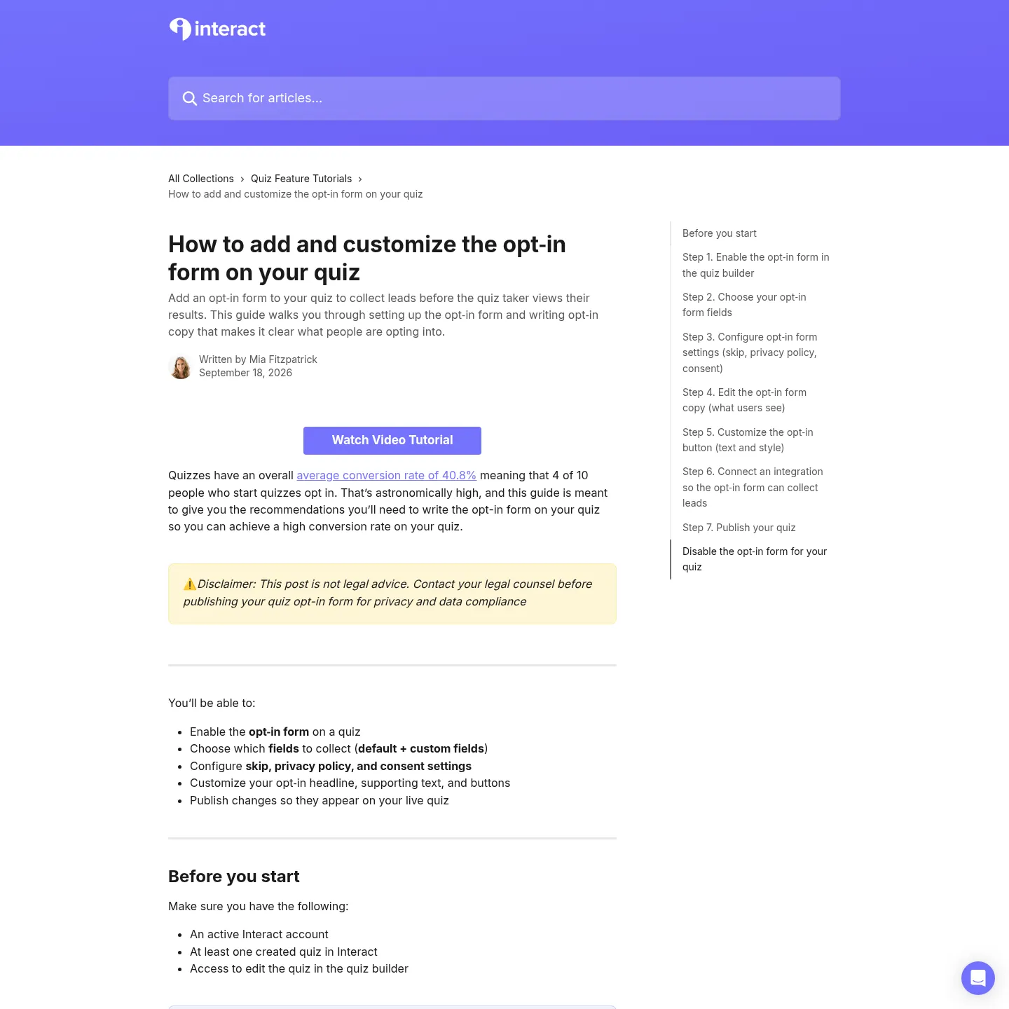 Interact help documentation showing opt-in form setup
