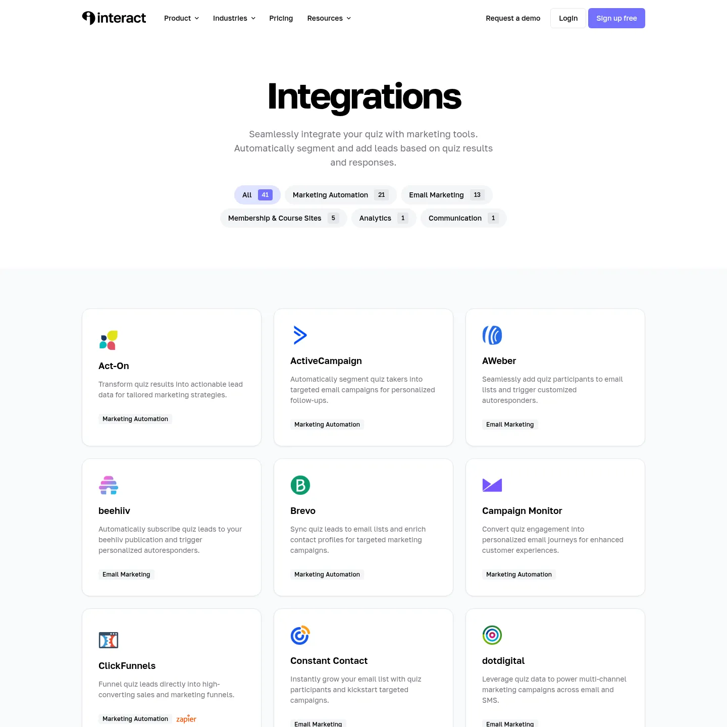 Interact directory of email and marketing integrations