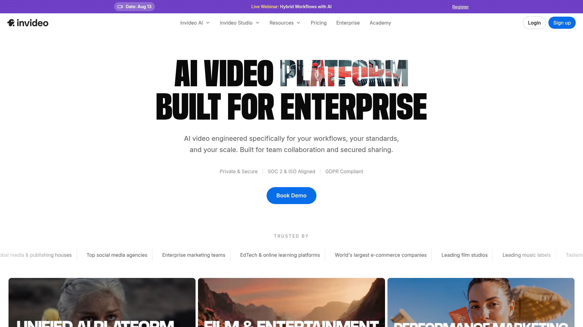 InVideo Enterprise page showing security, collaboration, and IP controls