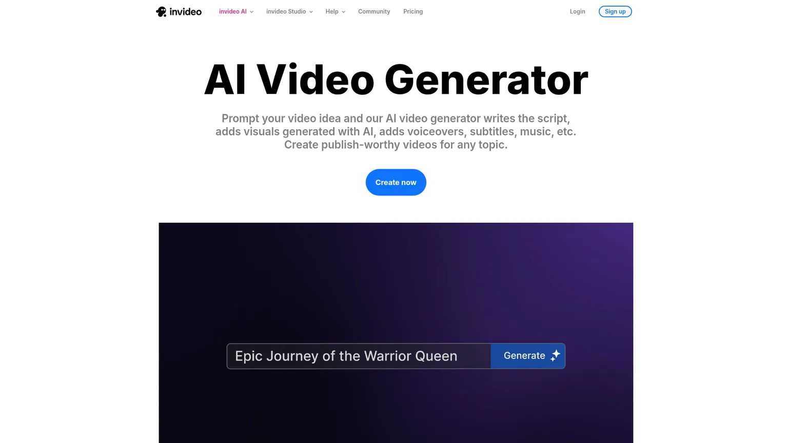 InVideo AI video generator page showing prompt-to-video creation