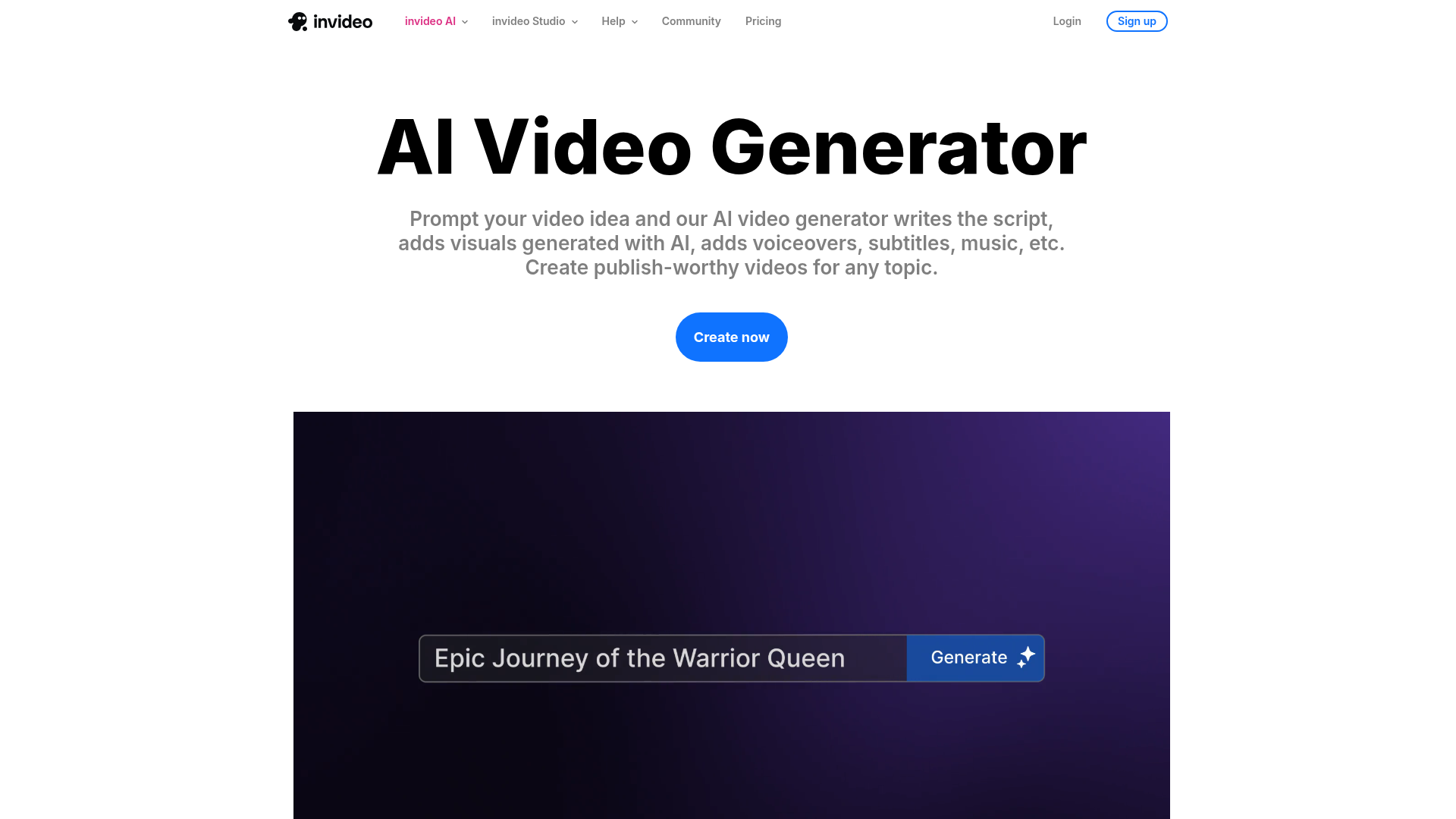 InVideo AI video generator page showing prompt-to-video creation