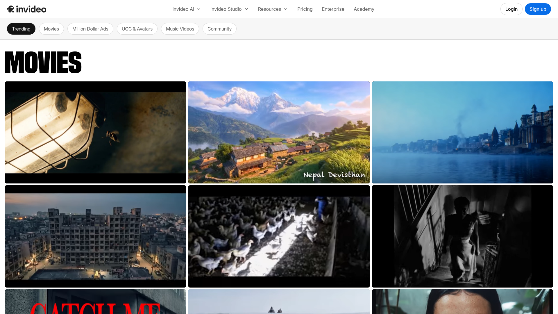 InVideo video gallery showing current multi-shot filmmaking examples