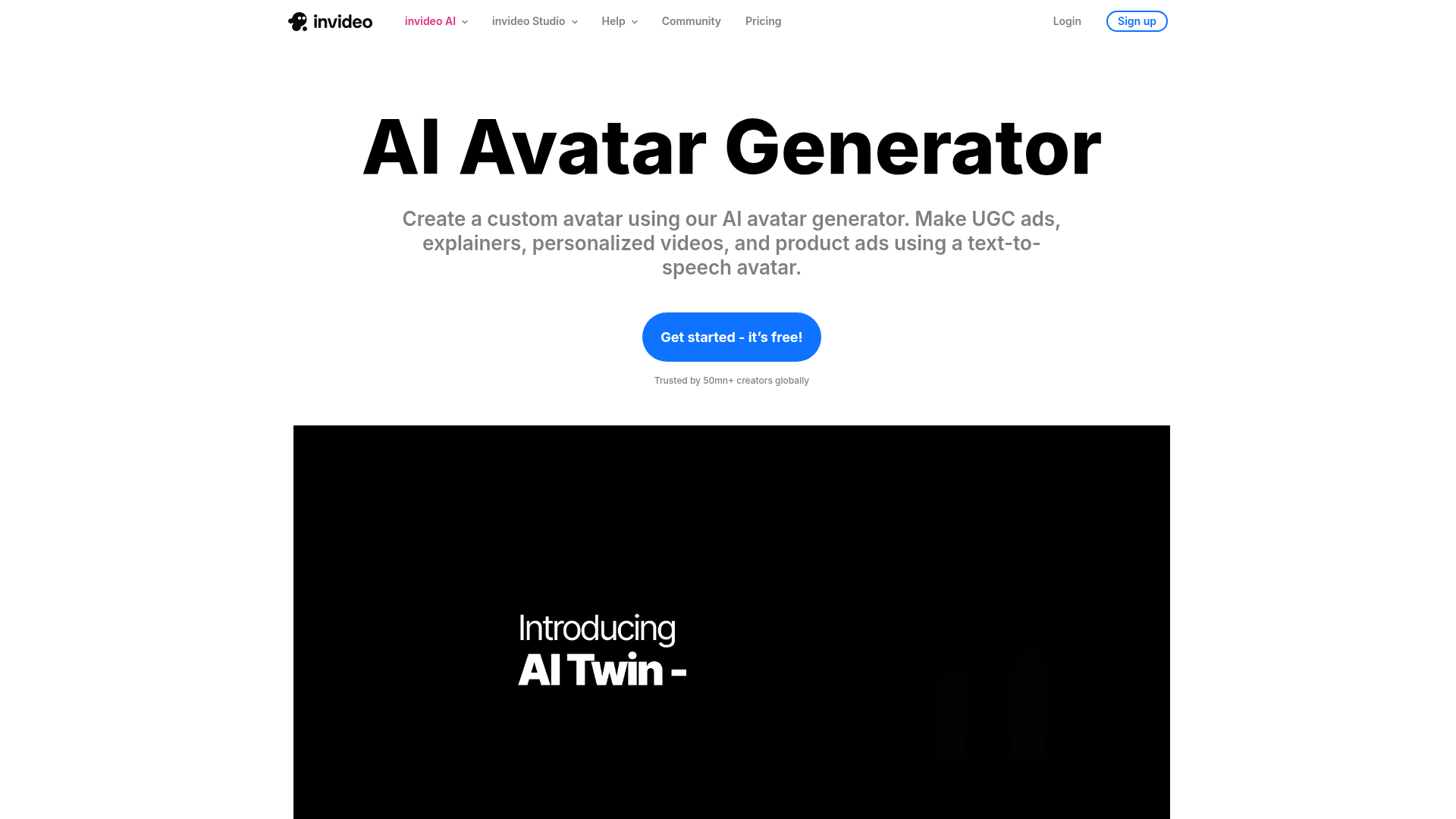 InVideo AI avatar generator page showing custom avatar workflows