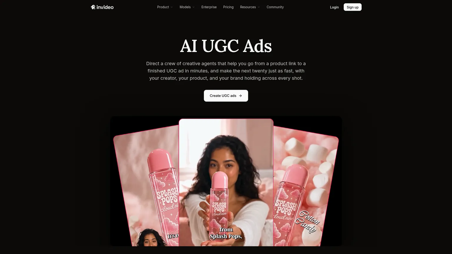 InVideo UGC ad agent page showing product-link and creator workflows