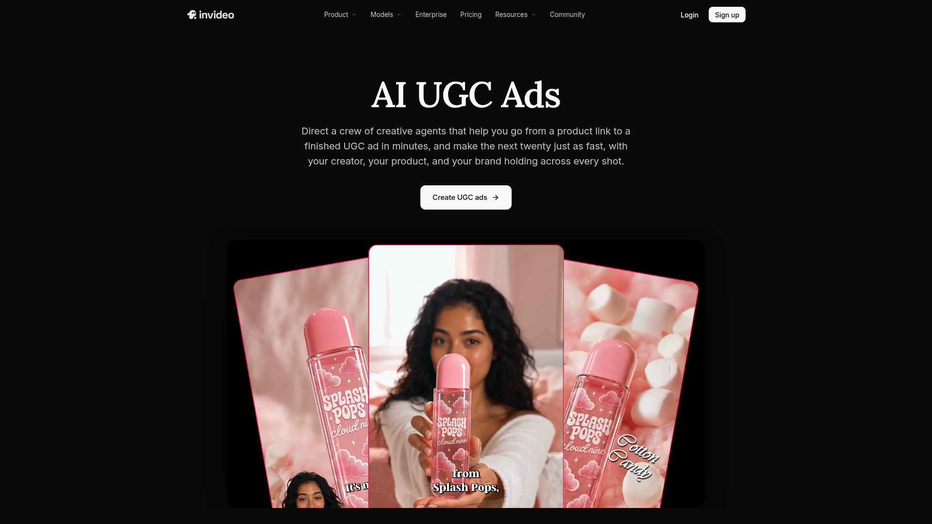 InVideo UGC ad agent page showing product-link and creator workflows