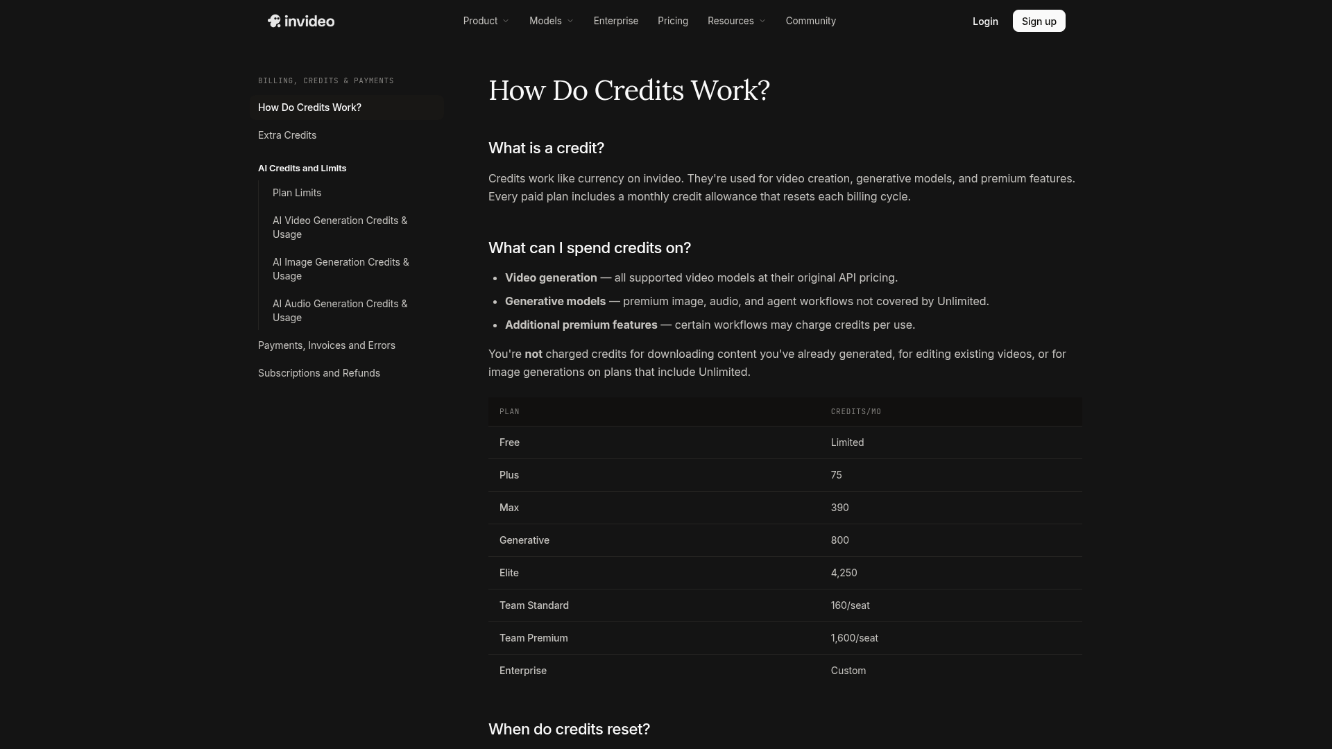 InVideo help page explaining credits, reset dates, and plan allocations