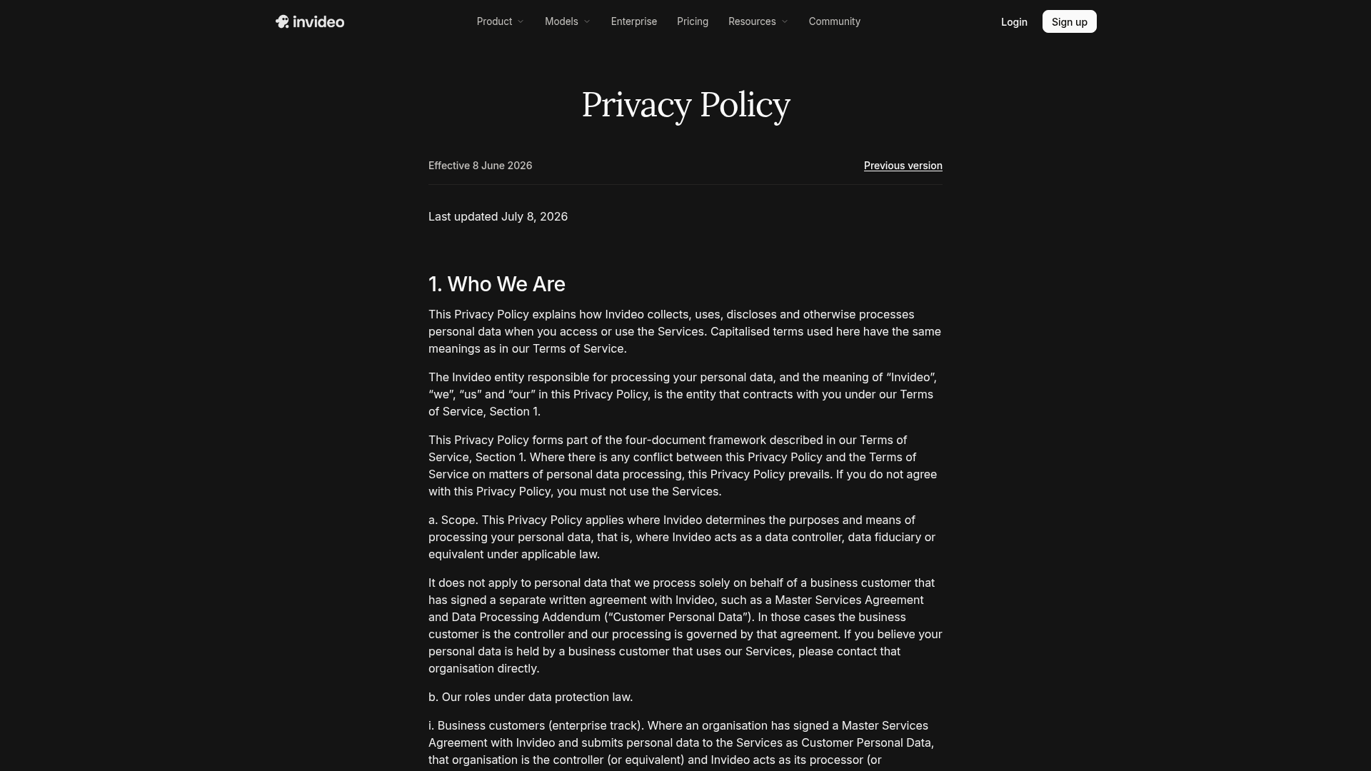 InVideo privacy policy covering model training, AI providers, security, and retention