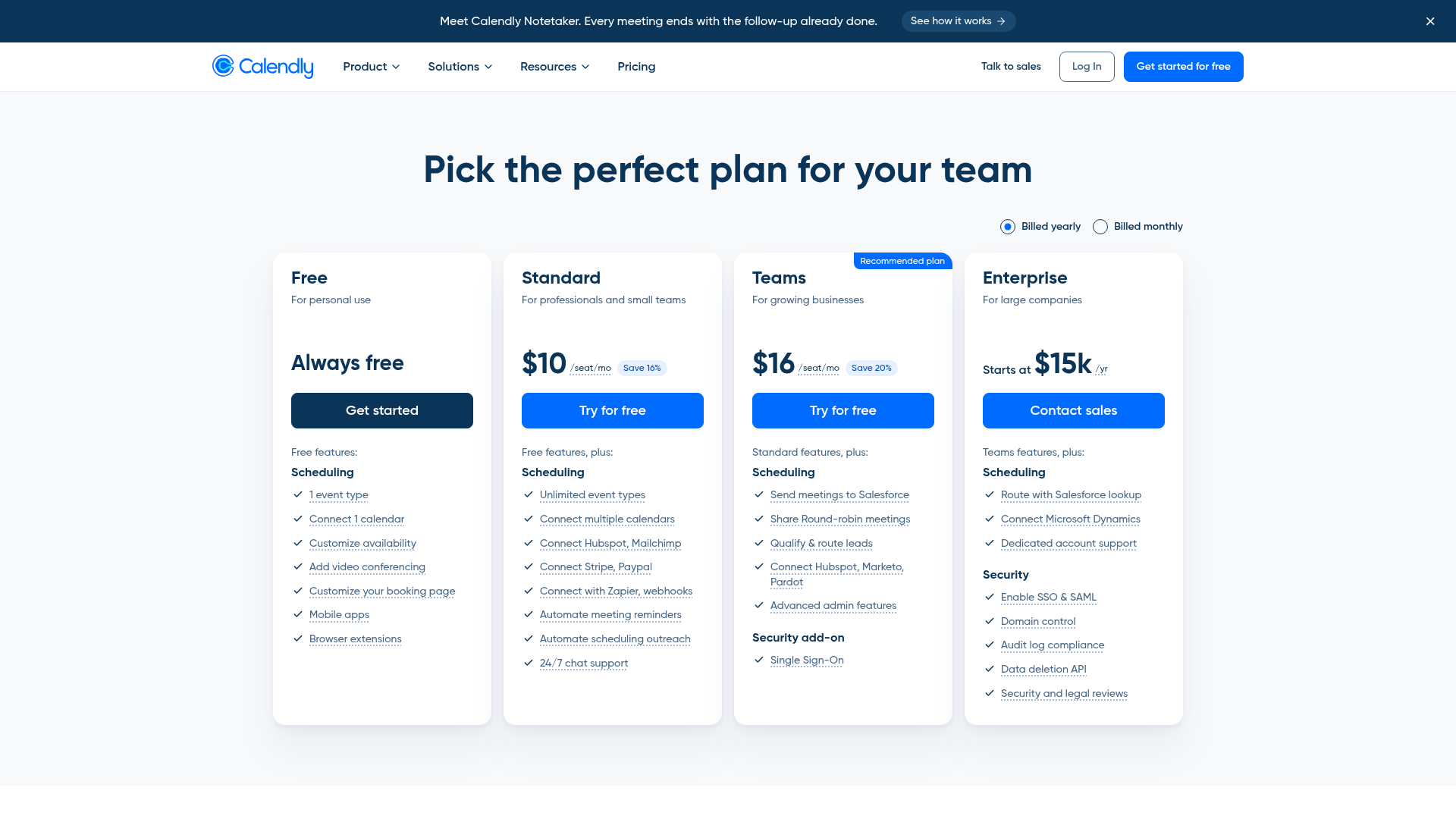 Calendly pricing page showing Free, Standard, Teams, and Enterprise plans