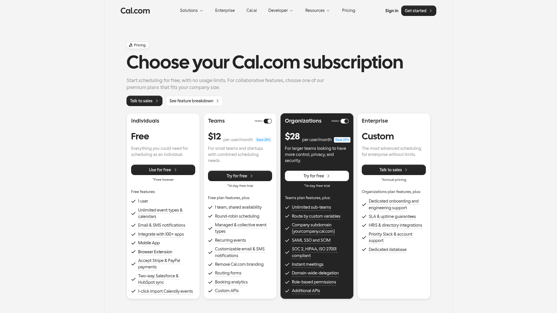 Cal.com pricing page showing Individual Free and paid team plans
