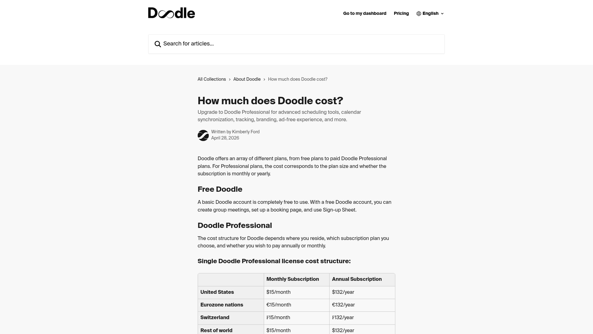 Doodle pricing help page showing Free and Professional plan costs