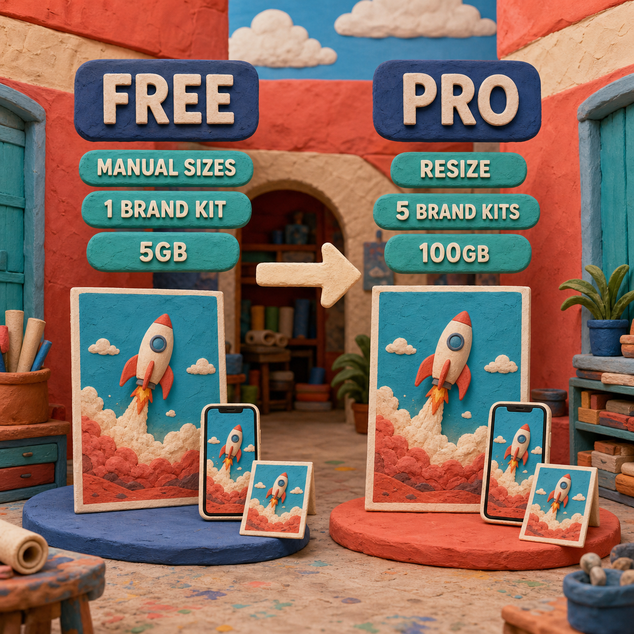Before and after comparison of a Canva Free manual launch kit and a Canva Pro production workflow