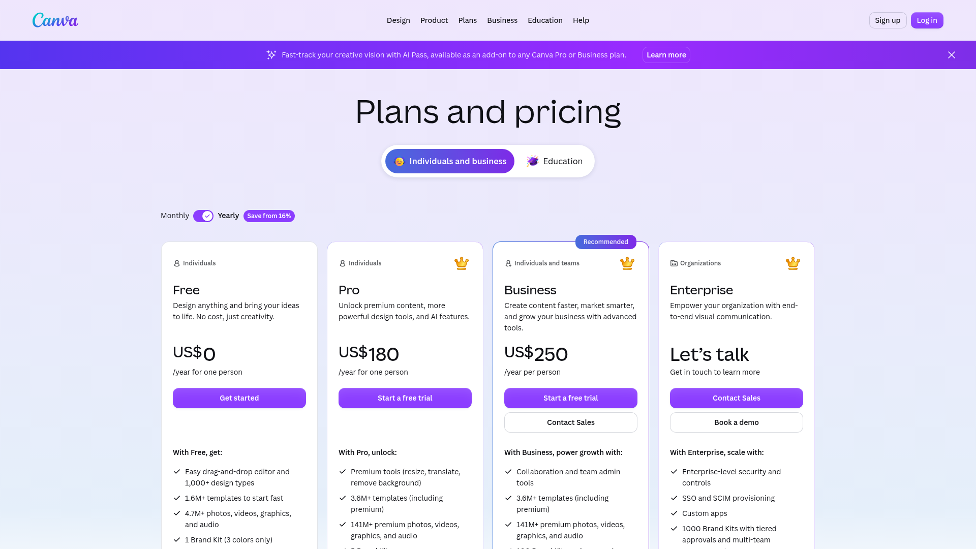 Canva pricing page showing Free, Pro, Business, and Enterprise plans