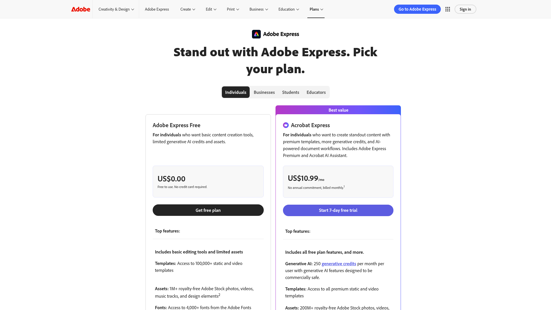 Adobe Express pricing page showing Free, Acrobat Express, and team plans