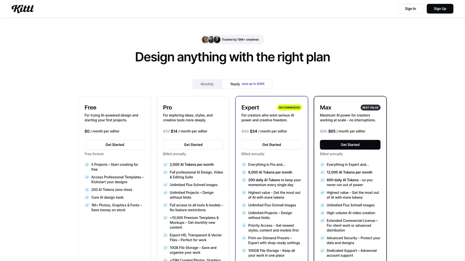Kittl pricing page showing Free and Pro plans