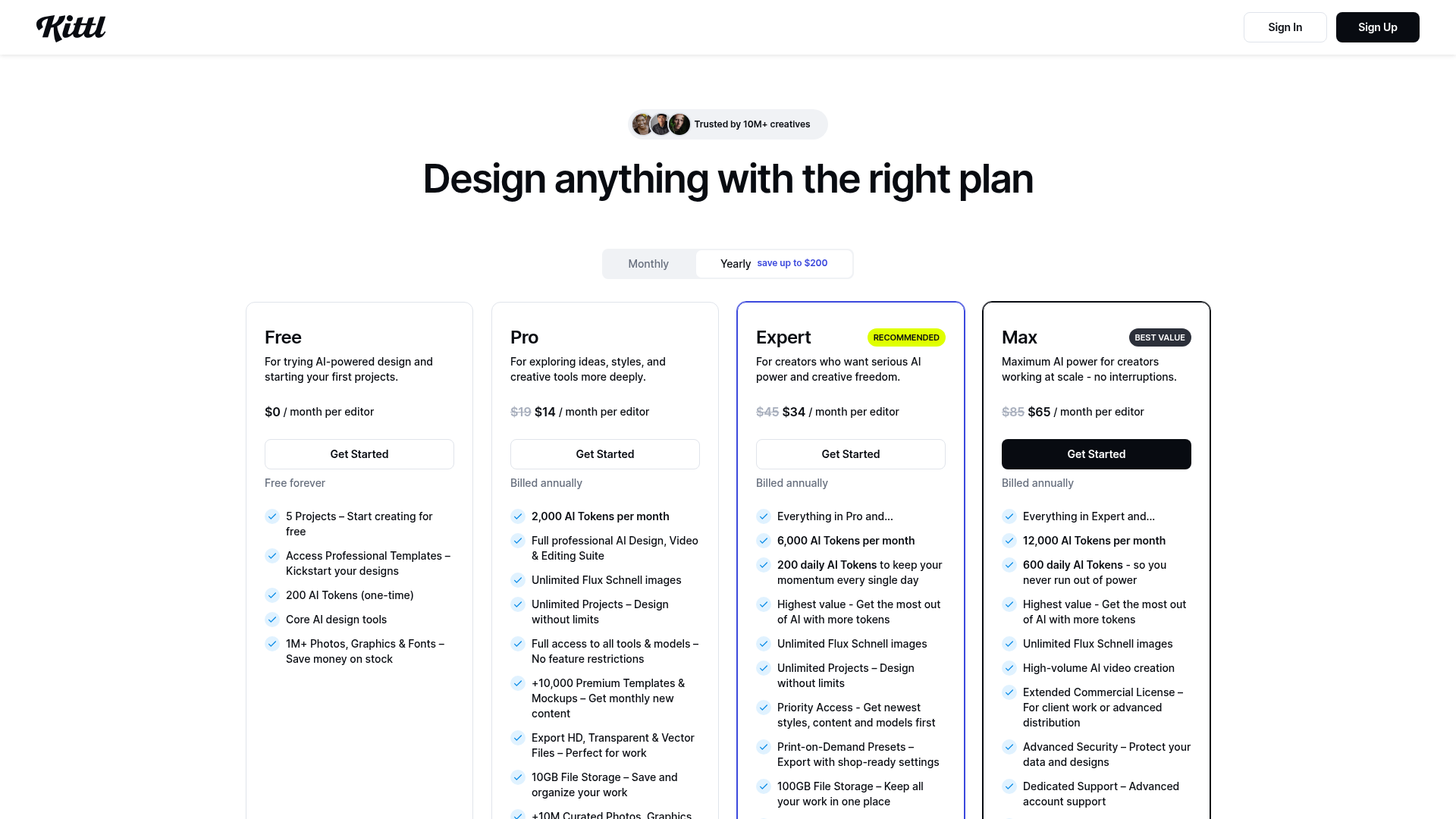Kittl pricing page showing Free and Pro plans