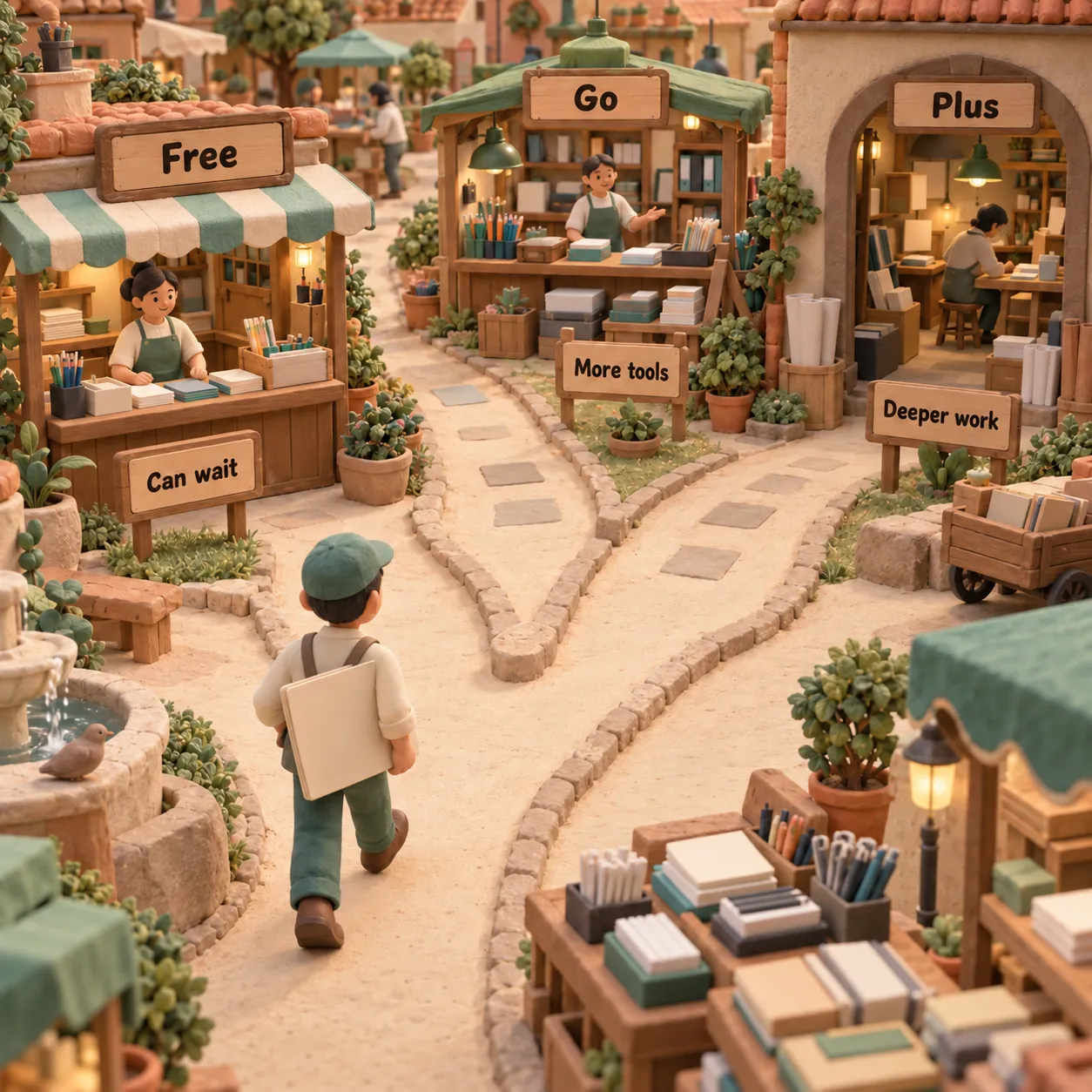 A market path links waiting tolerance to Free, more tool capacity to Go, and deeper work to Plus