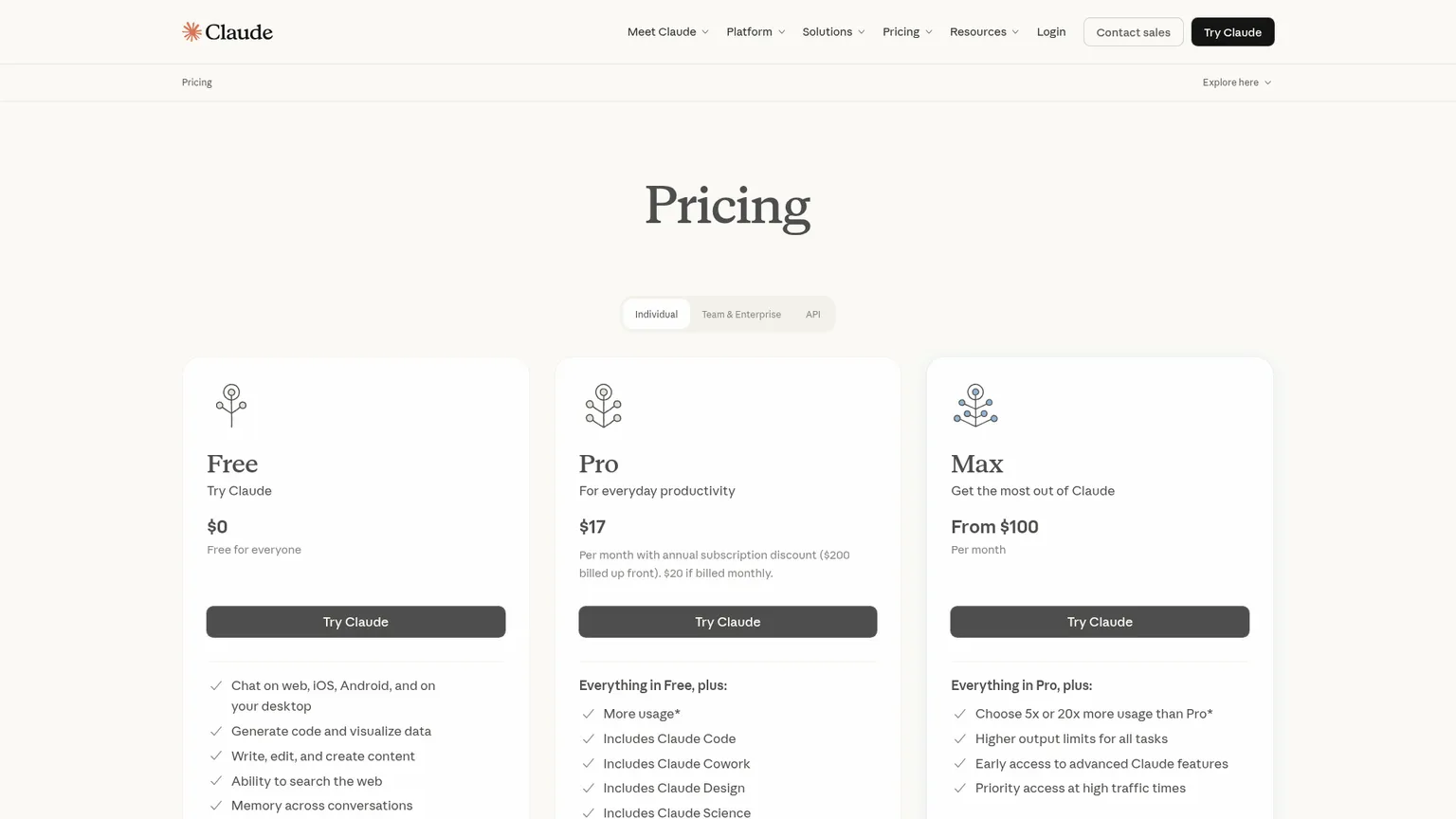 Claude pricing page showing Free, Pro, Max, Team, Enterprise, and API plans