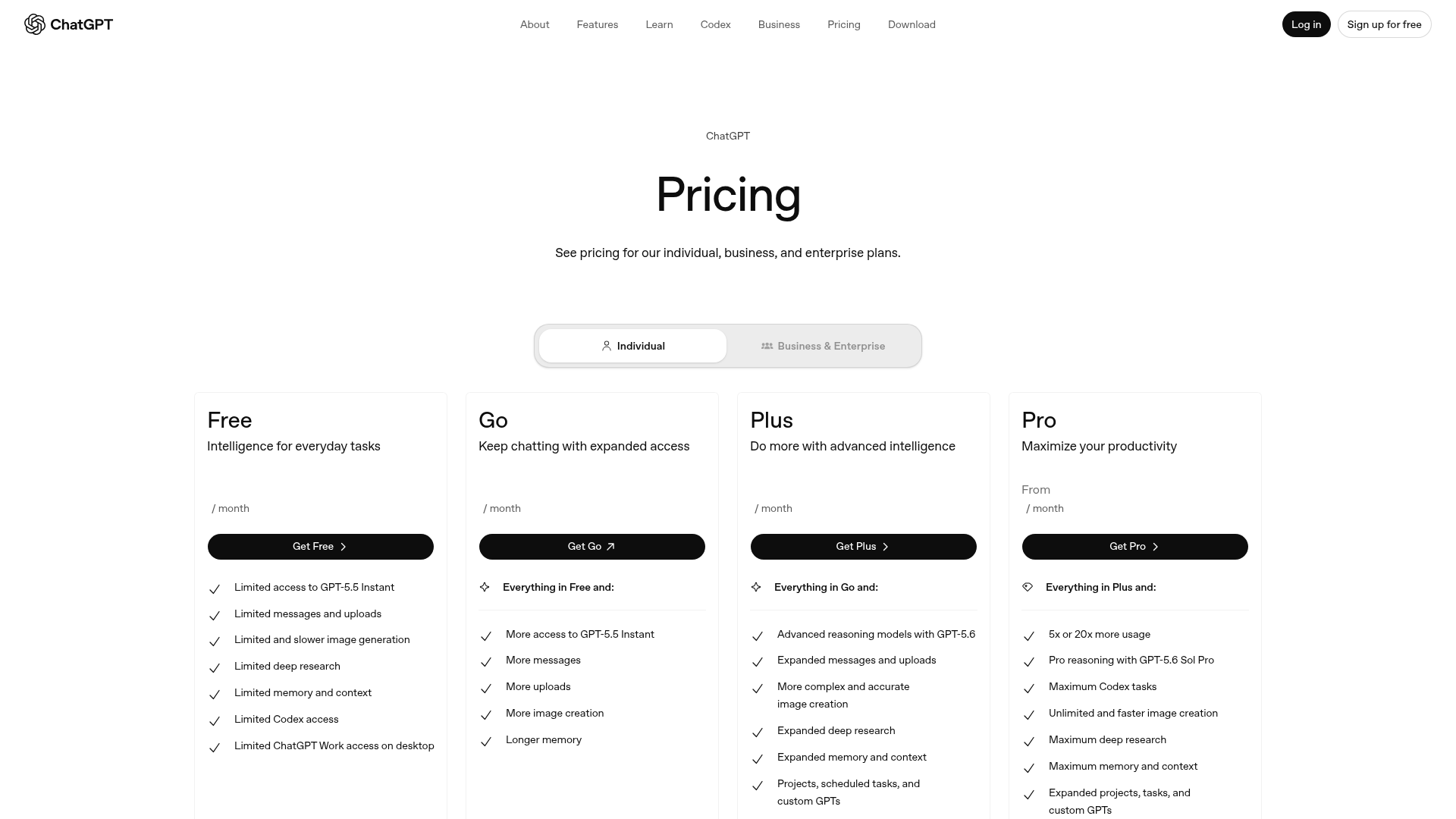 ChatGPT pricing page showing Free, Go, Plus, and Pro prices
