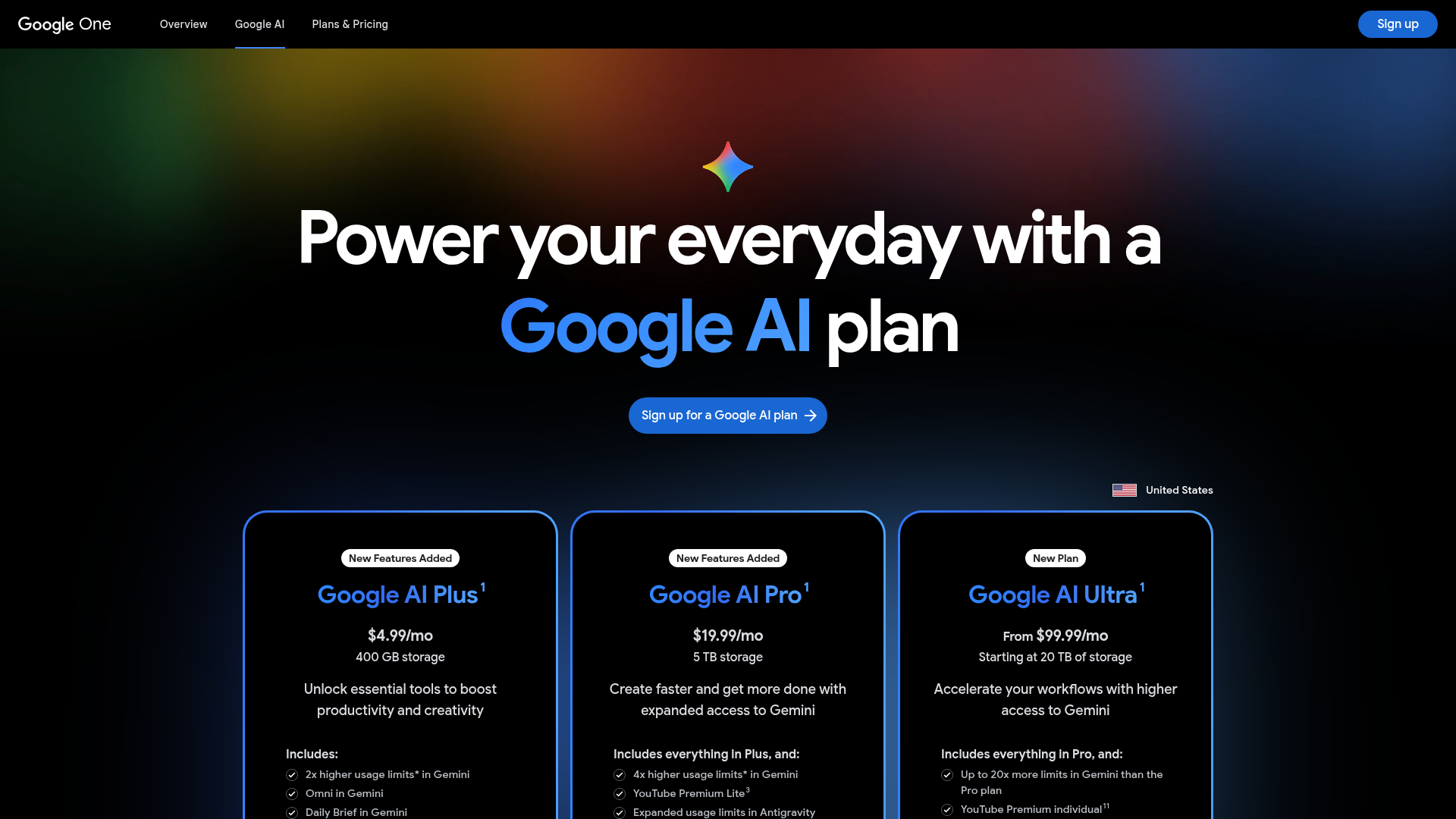 Google AI plans page showing Plus, Pro, and Ultra pricing