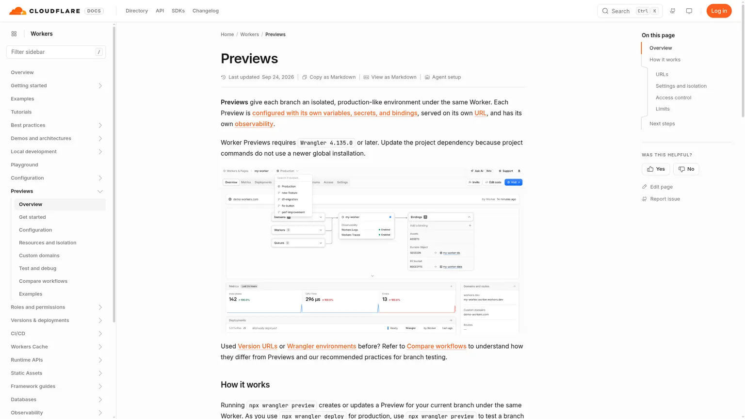 Cloudflare Worker Previews documentation showing branch environments and Preview limits