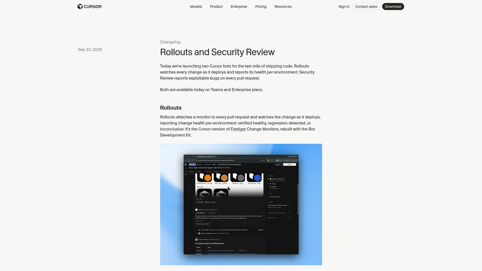 Pagina di lancio di Cursor Rollouts e Security Review