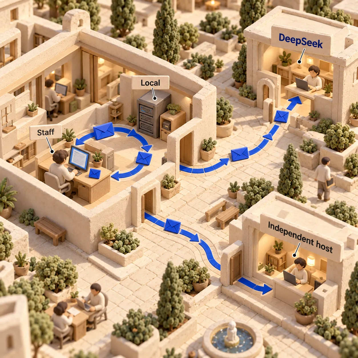 Ufficio in plastilina visto in sezione: i prompt restano con un modello locale oppure viaggiano verso DeepSeek o un fornitore di hosting indipendente