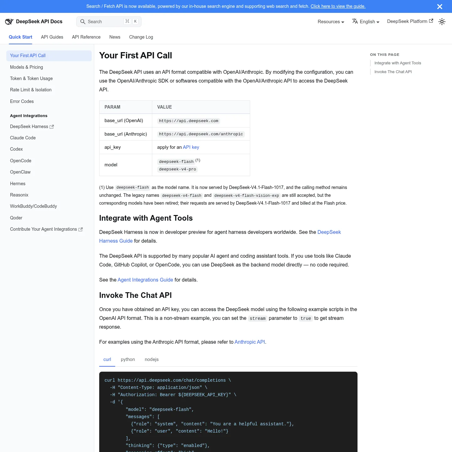 Documentazione API ufficiale di DeepSeek con l'endpoint del servizio