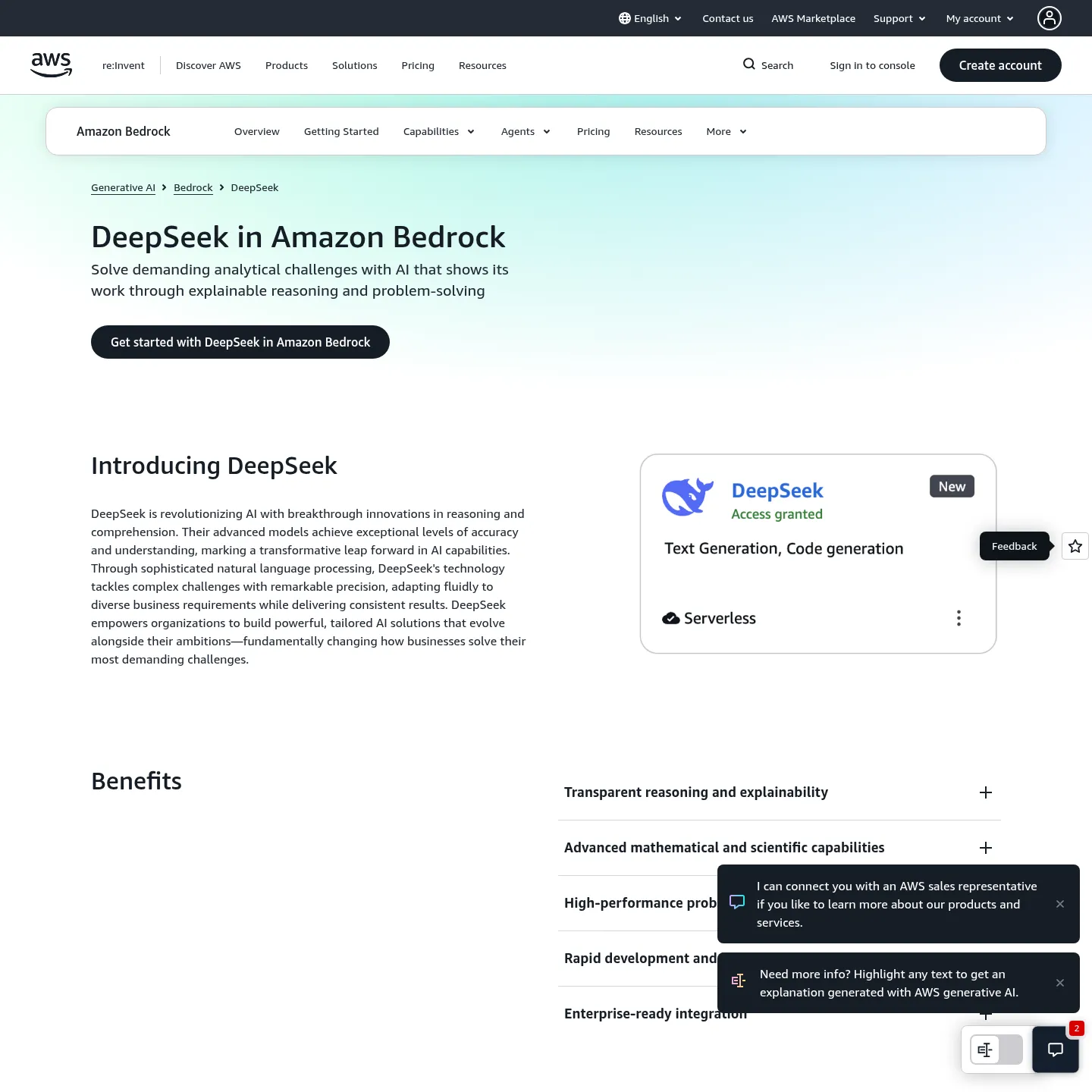 Pagina AWS dedicata ai modelli DeepSeek in Amazon Bedrock