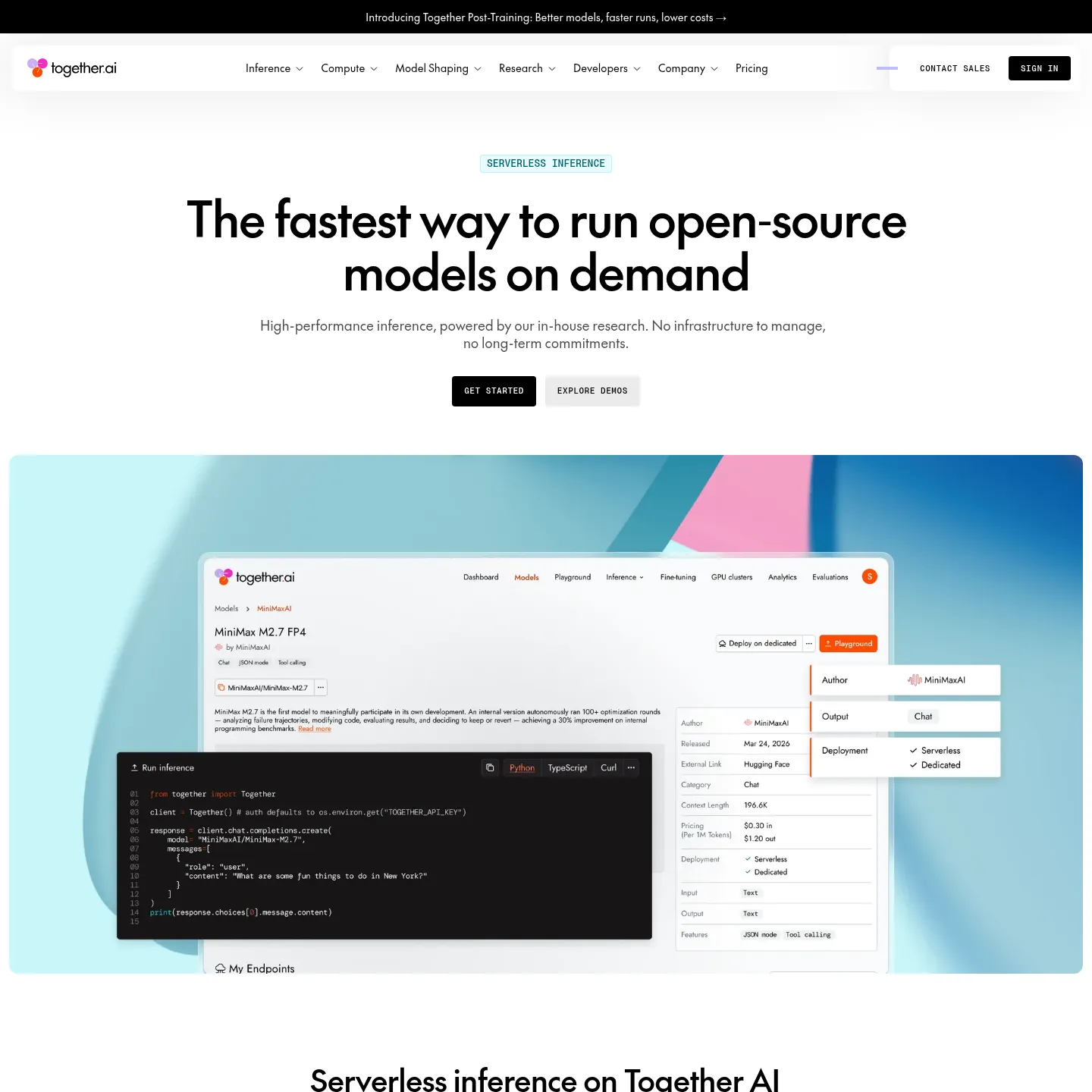 Pagina del servizio di inferenza serverless di Together AI