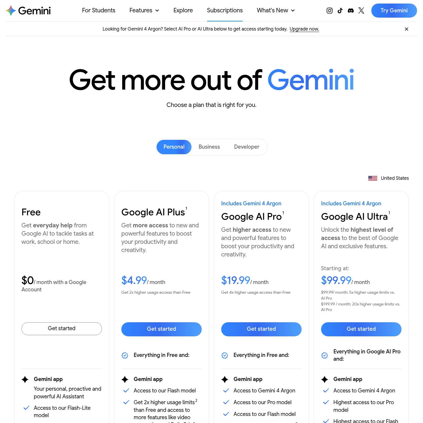 Googles aktuelle Gemini-Aboseite mit dem kostenlosen Tarif und den Zusatzleistungen der kostenpflichtigen Abos