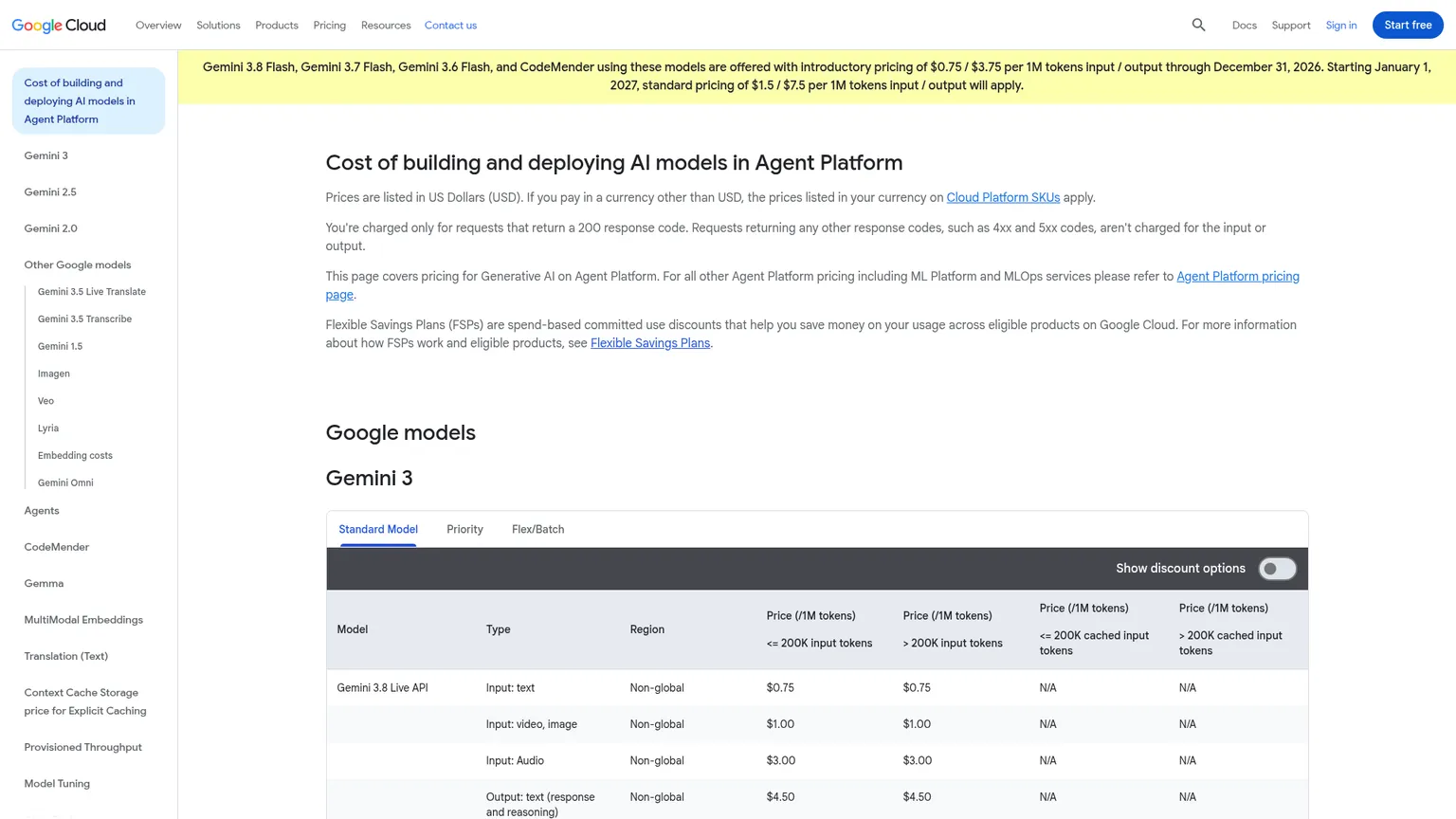 Pagina dei prezzi di Google Cloud con i contatori di input e output dell'API Gemini 3.8 Live