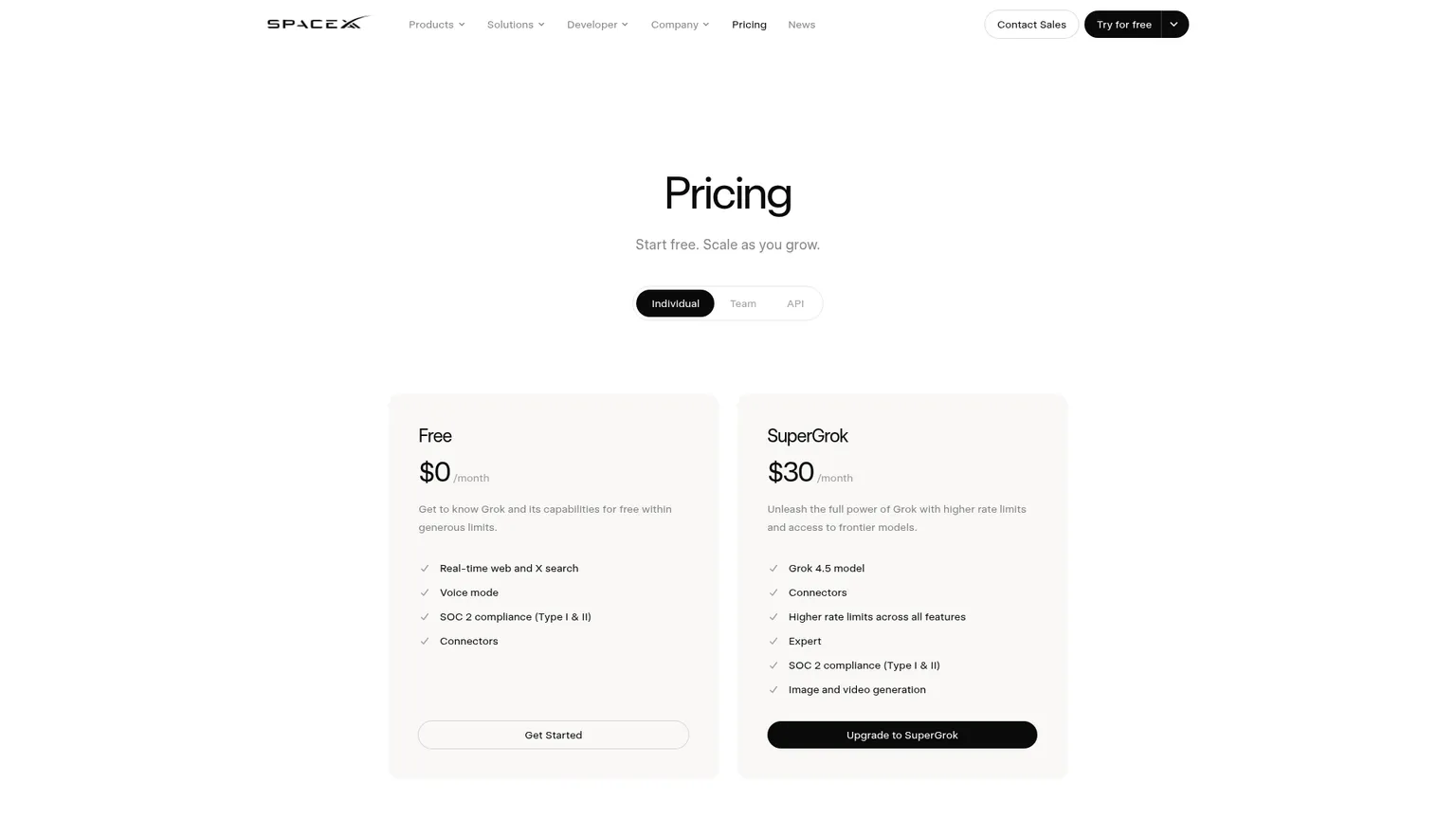 Page de tarification Grok montrant les offres Free et SuperGrok