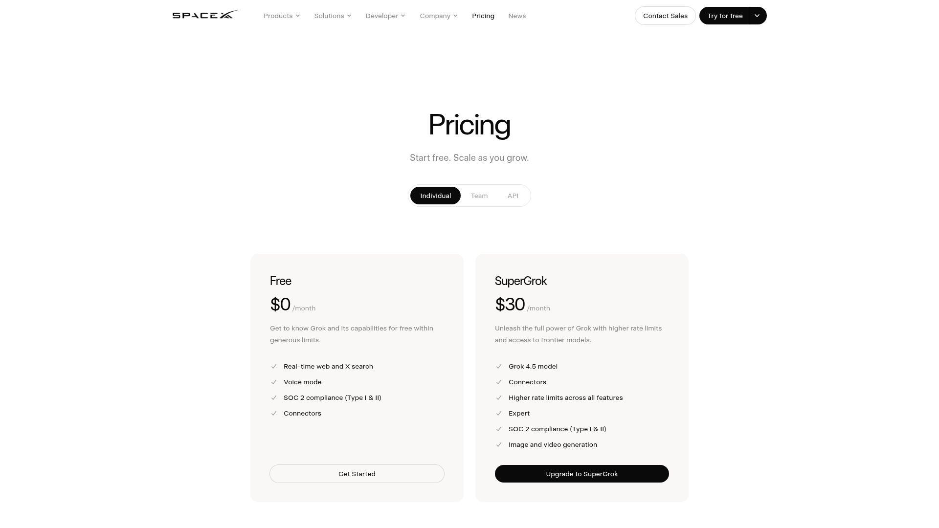 Grok pricing page showing Free and SuperGrok plan cards