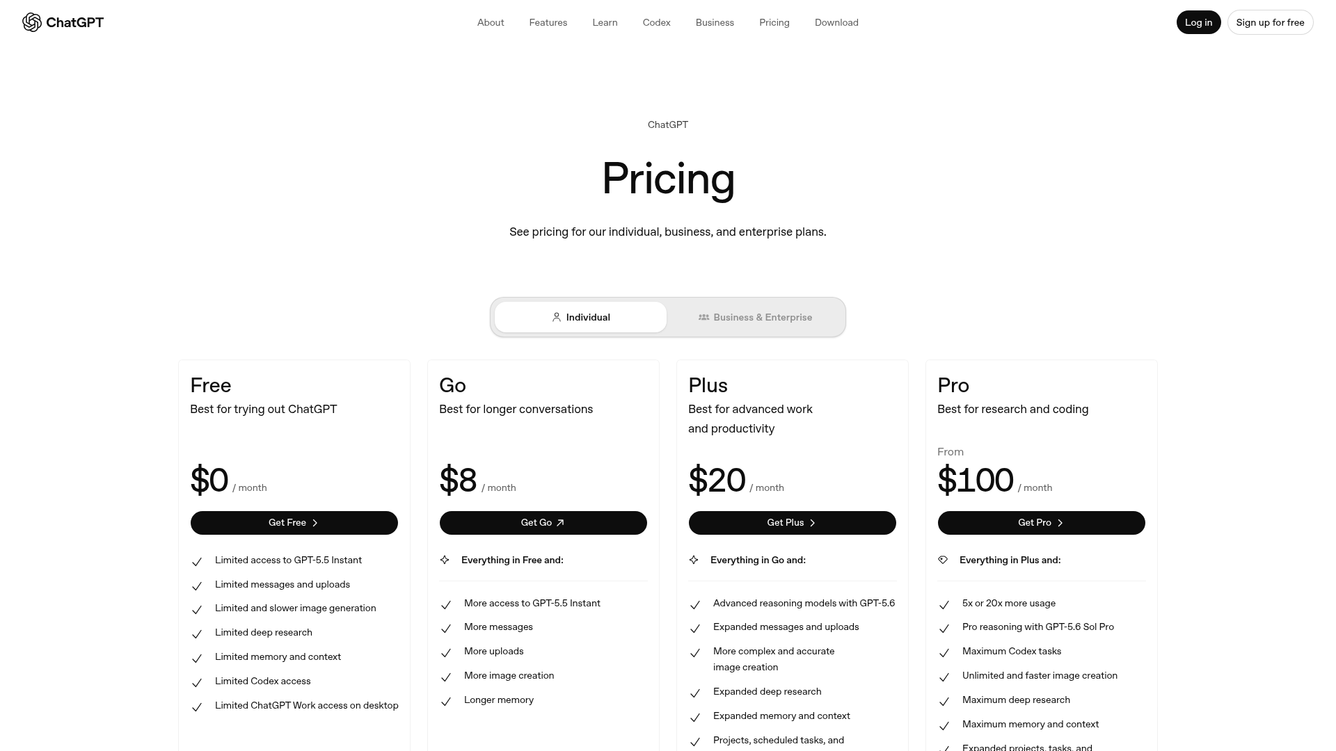ChatGPT pricing page showing Free, Go, Plus, and Pro