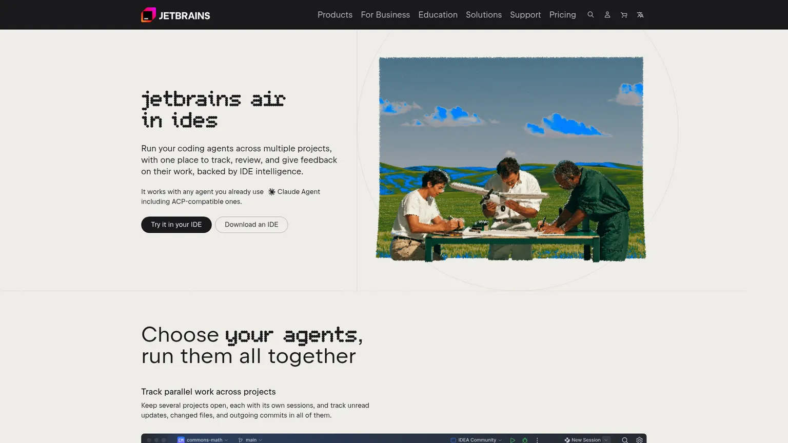 Página do JetBrains Air em IDEs com os agentes de programação compatíveis