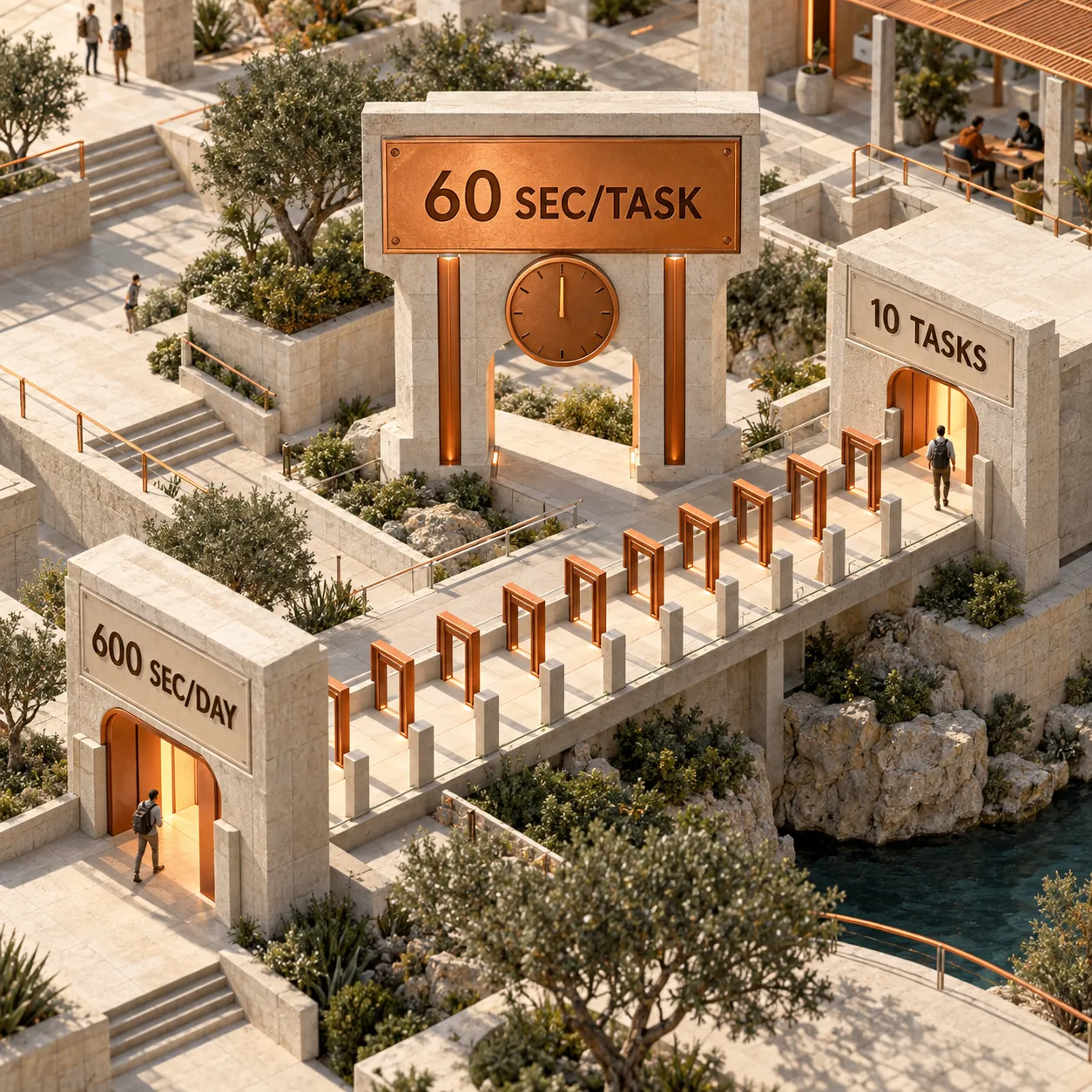 Architectural time budget dividing 600 browser seconds into 10 tasks at 60 seconds per task