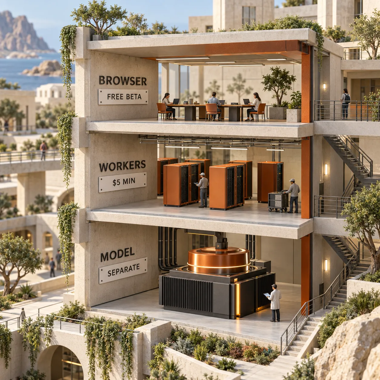 Architectural cutaway separating Kitesurf beta, Workers plan, and model API cost boundaries