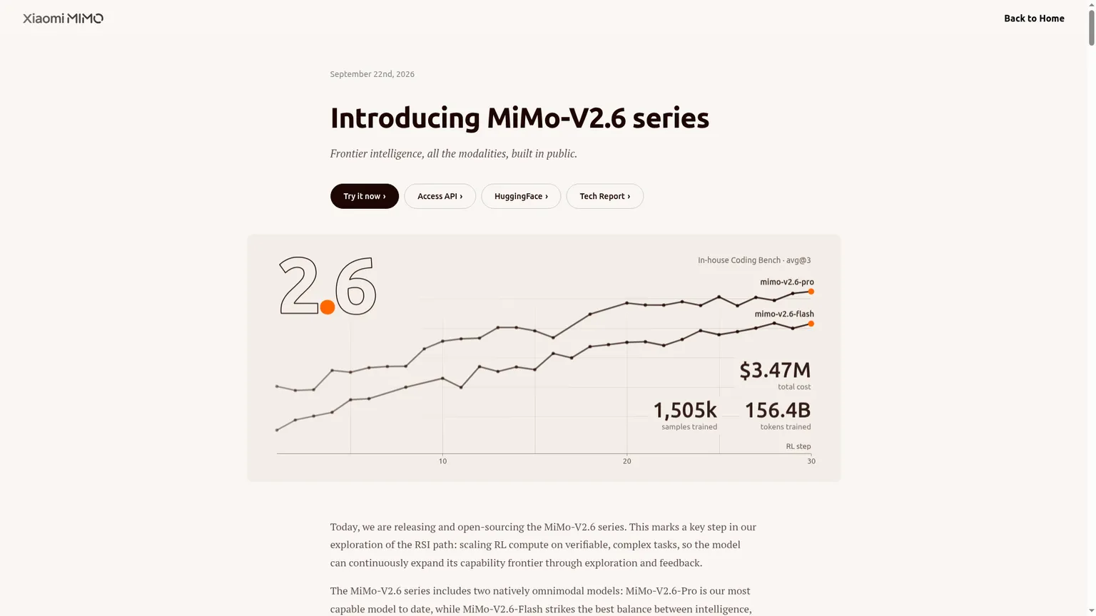 Страница запуска Xiaomi MiMo-V2.6 с релизом моделей Pro и Flash