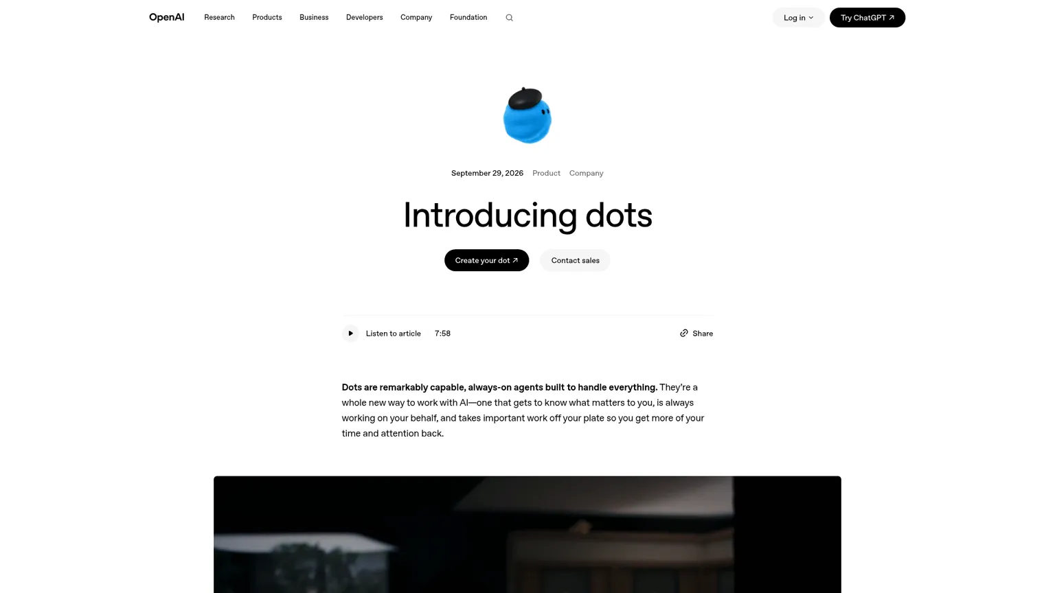 صفحة إطلاق OpenAI Dots التي تعرض منتج الوكيل الدائم