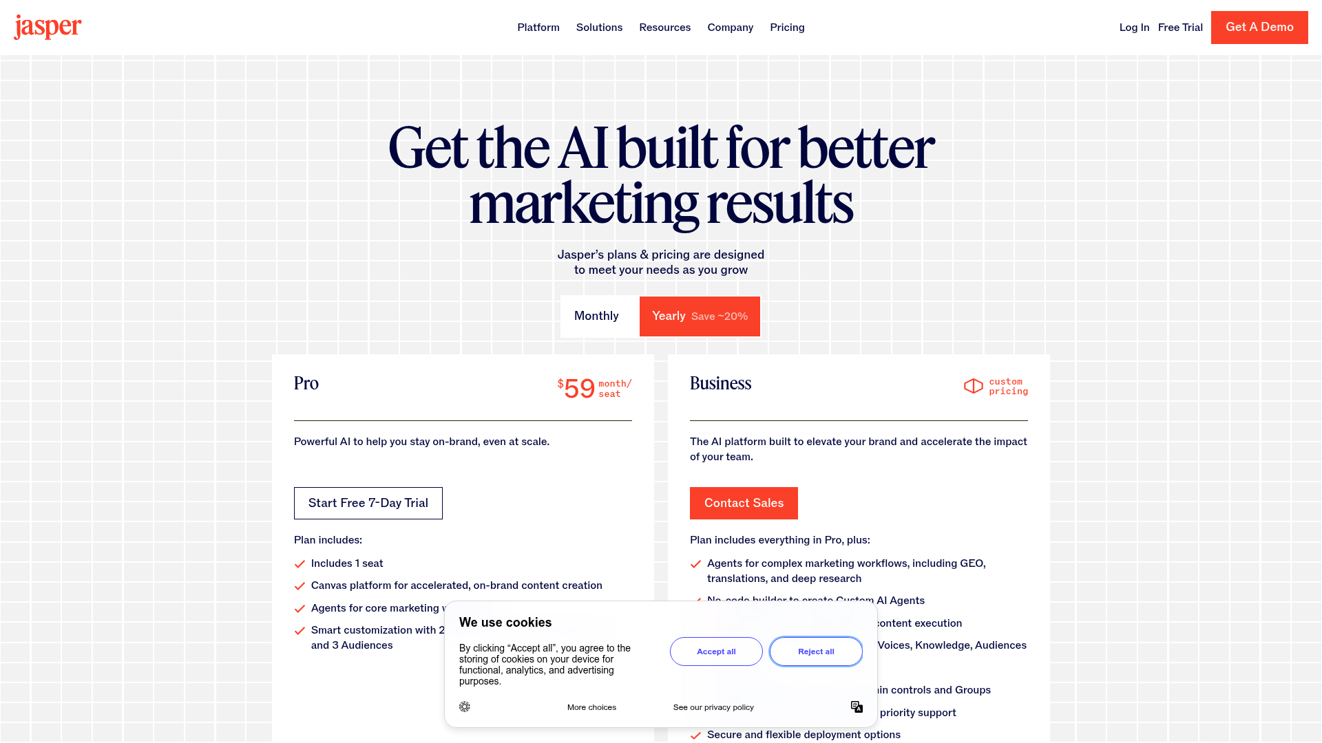 Jasper pricing page showing Pro and Business plans