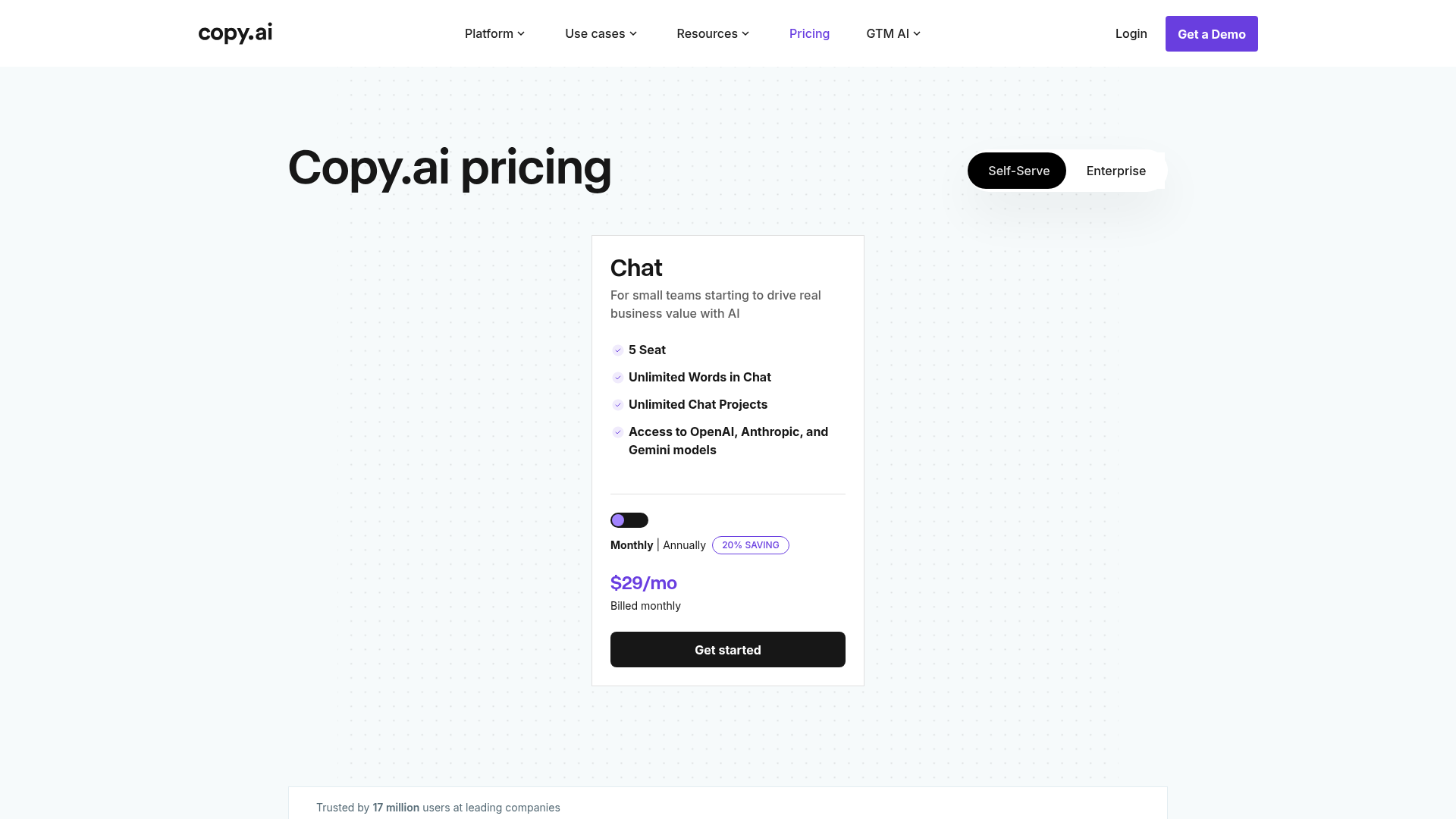 Copy.ai pricing page showing Chat and workflow plans