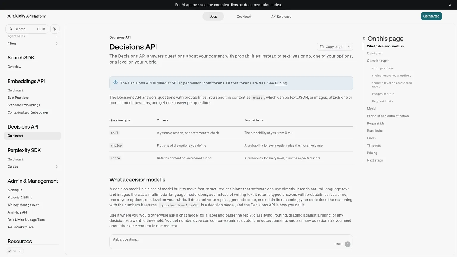 Guida alla Decisions API di Perplexity con esempi di richieste e prezzi