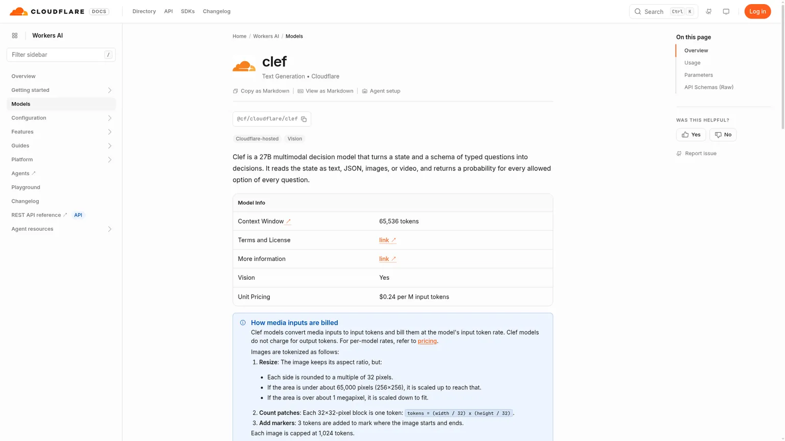 Pagina del modello Cloudflare Clef con il contesto del servizio gestito e i dettagli del modello