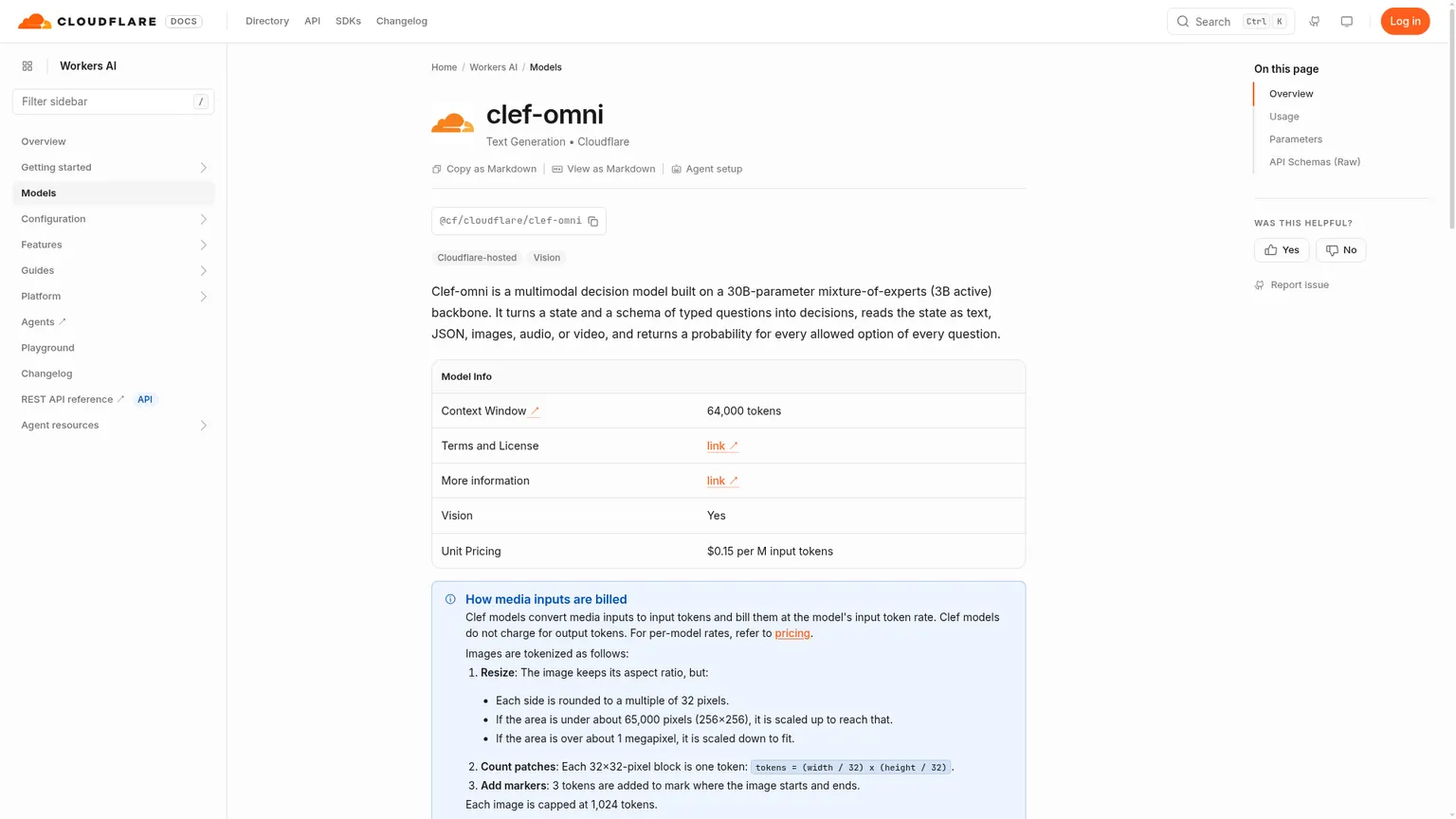 Pagina del modello Cloudflare Clef-omni che documenta gli input audio e video