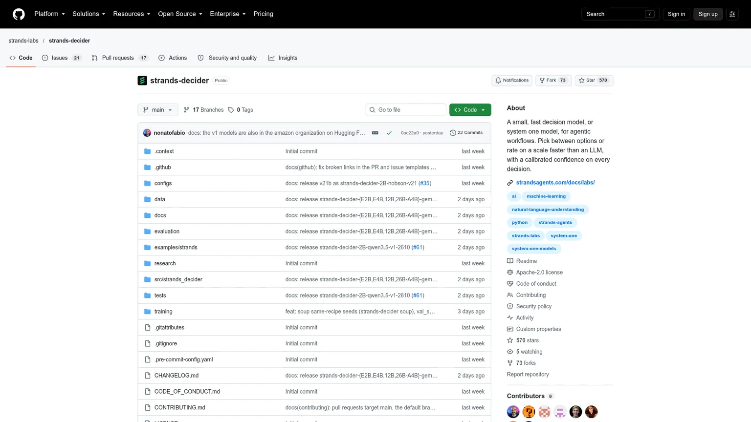 Repository ufficiale di Strands Decider su Strands Labs con istruzioni e valutazioni del modello