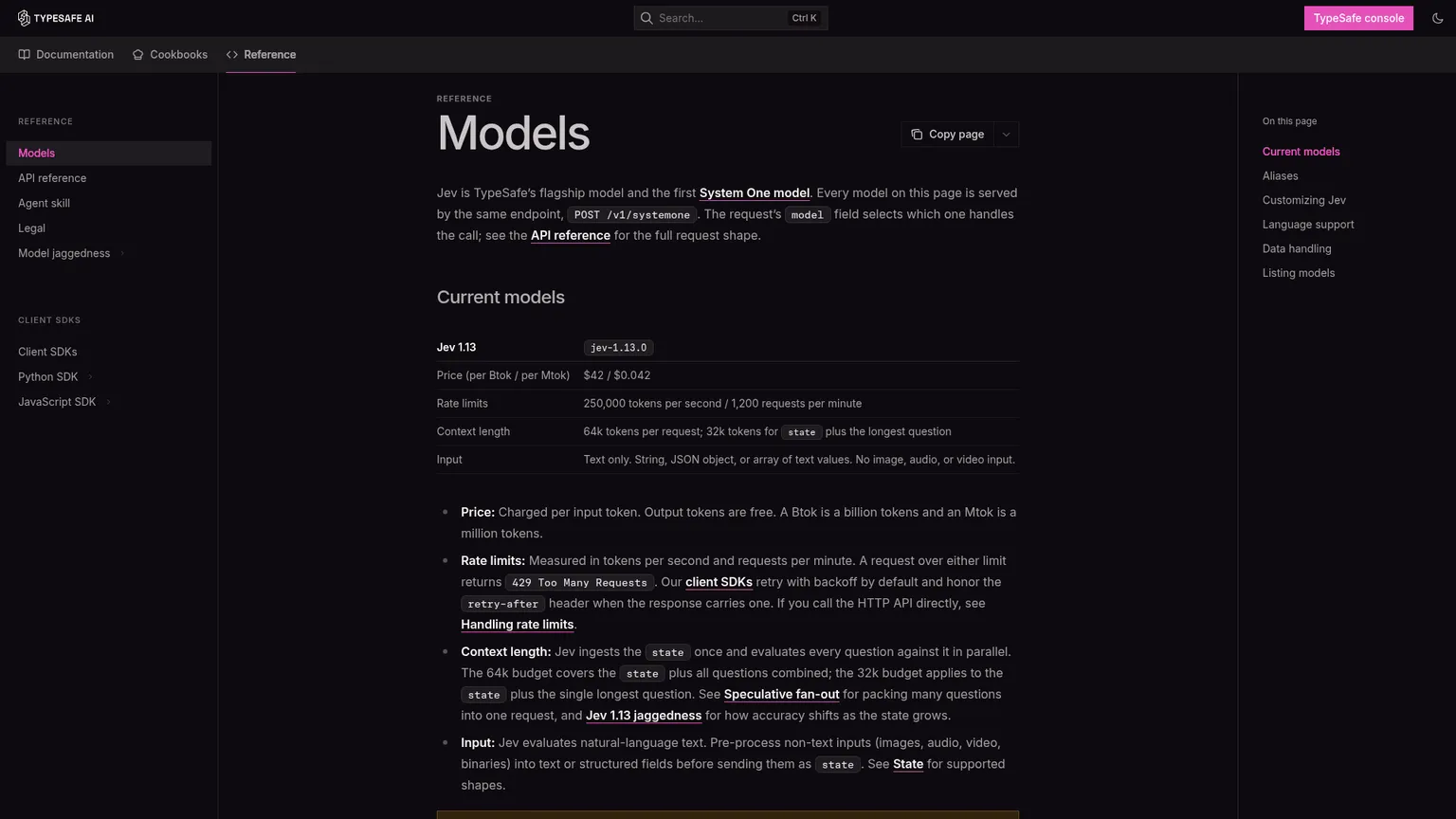 Catalogue des modèles TypeSafe affichant le modèle Jev actuel, ses entrées, son contexte et son tarif