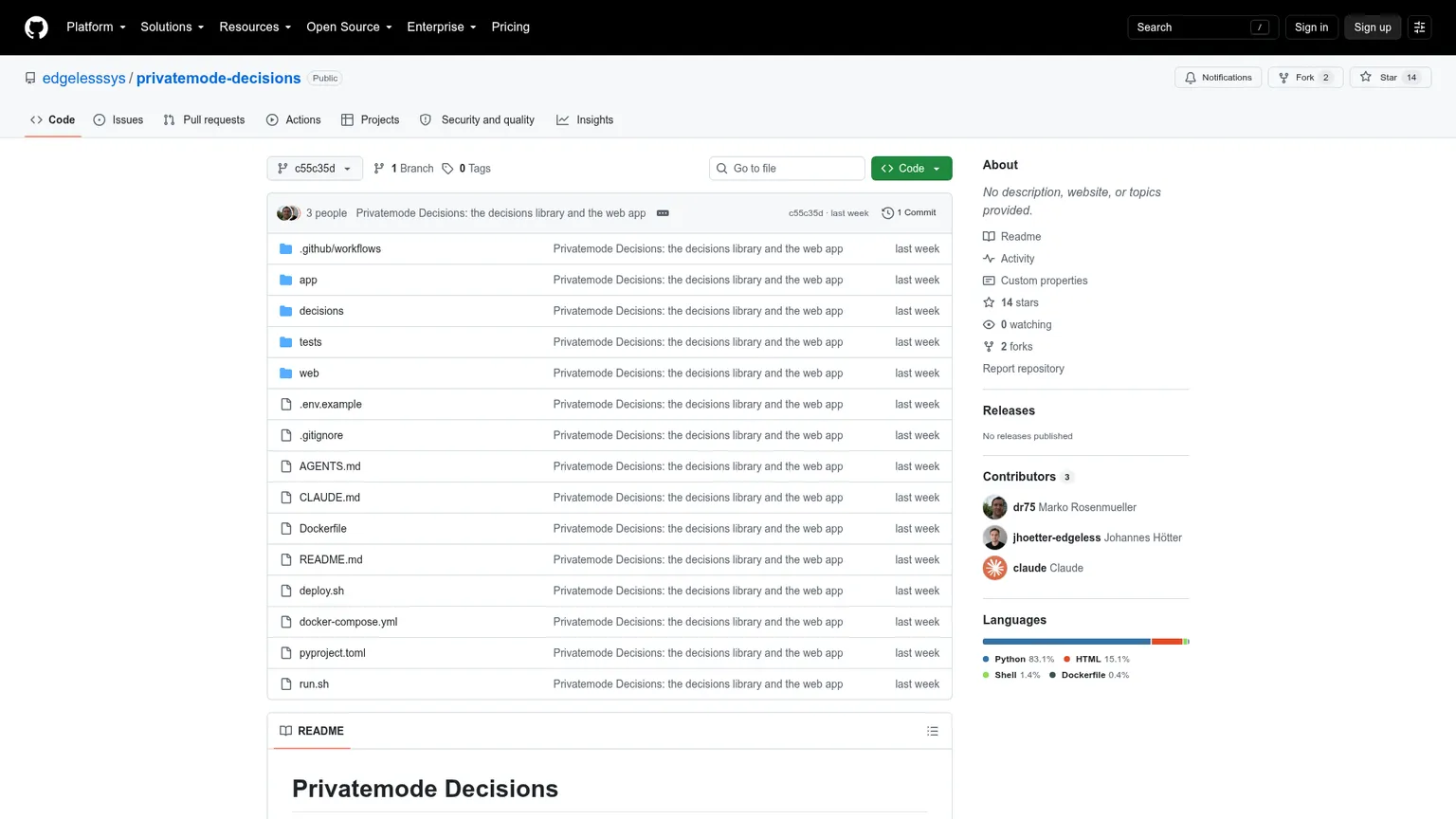 Dépôt épinglé de Privatemode Decisions montrant son API de décision et son exemple GLM