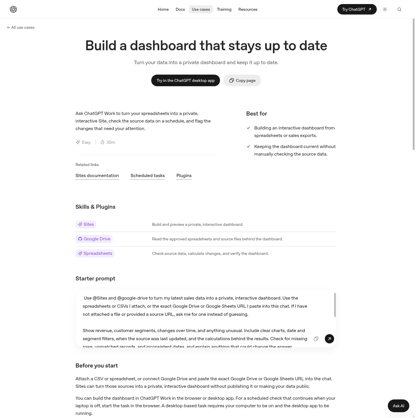 OpenAI-Dokumentation eines Dashboard-Ablaufs mit Vertriebsdaten in ChatGPT