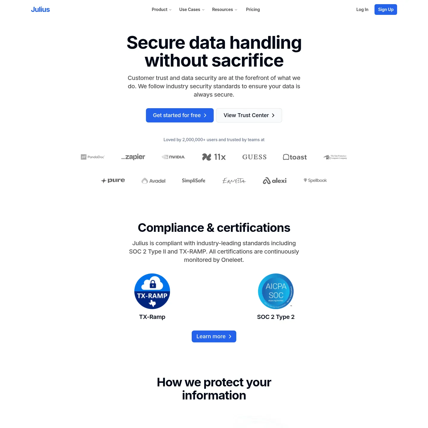 Sicherheitsseite von Julius AI mit Angaben zu Compliance und Datenverarbeitung